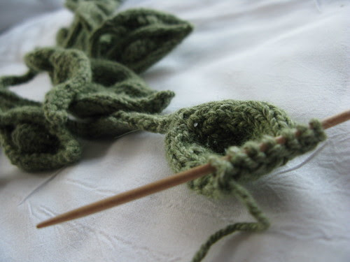 leaves scarf WIP close up