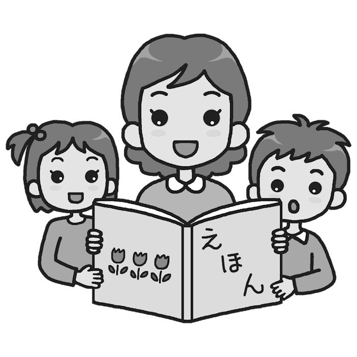 読み聞かせ モノクロ お母さんと子どもの無料イラスト 家族 ファミリー 人物素材