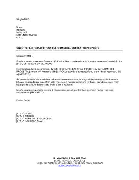 Lettera di intesa sui termini del contratto proposto - Modelli e esempi ...