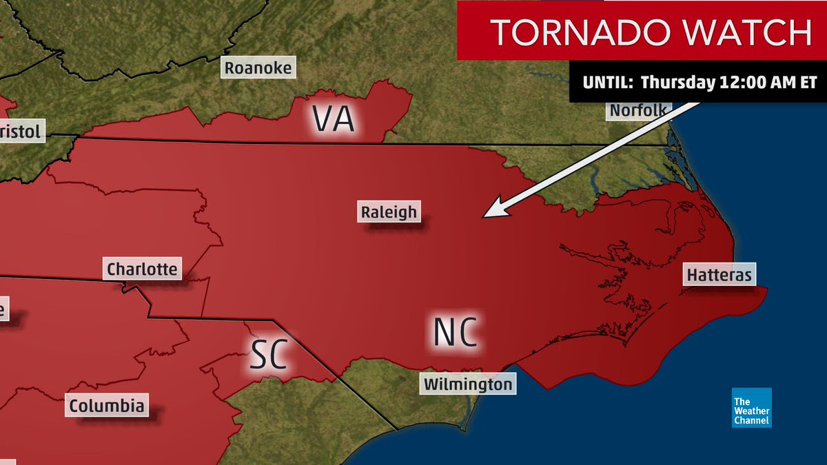 A tornado watch has been issued for much of north carolina and parts of