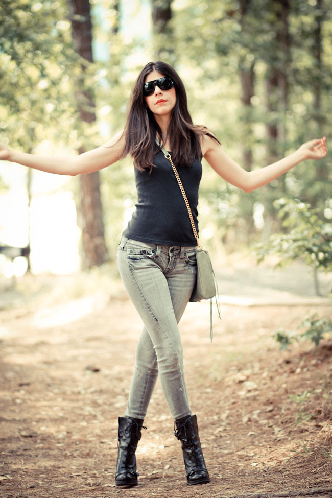 True Religion Skinny Jeans, Victorias Secret Tank Top, Guess Boots, Rebecca Minkoff MAC Clutch, Fashion Outfit