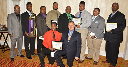 HISD representatives accept good sportsmanship awards on behalf of Austin, Davis, North Forest, Sterling, and Yates high schools at the Touchdown Club’s annual luncheon Jan. 28.