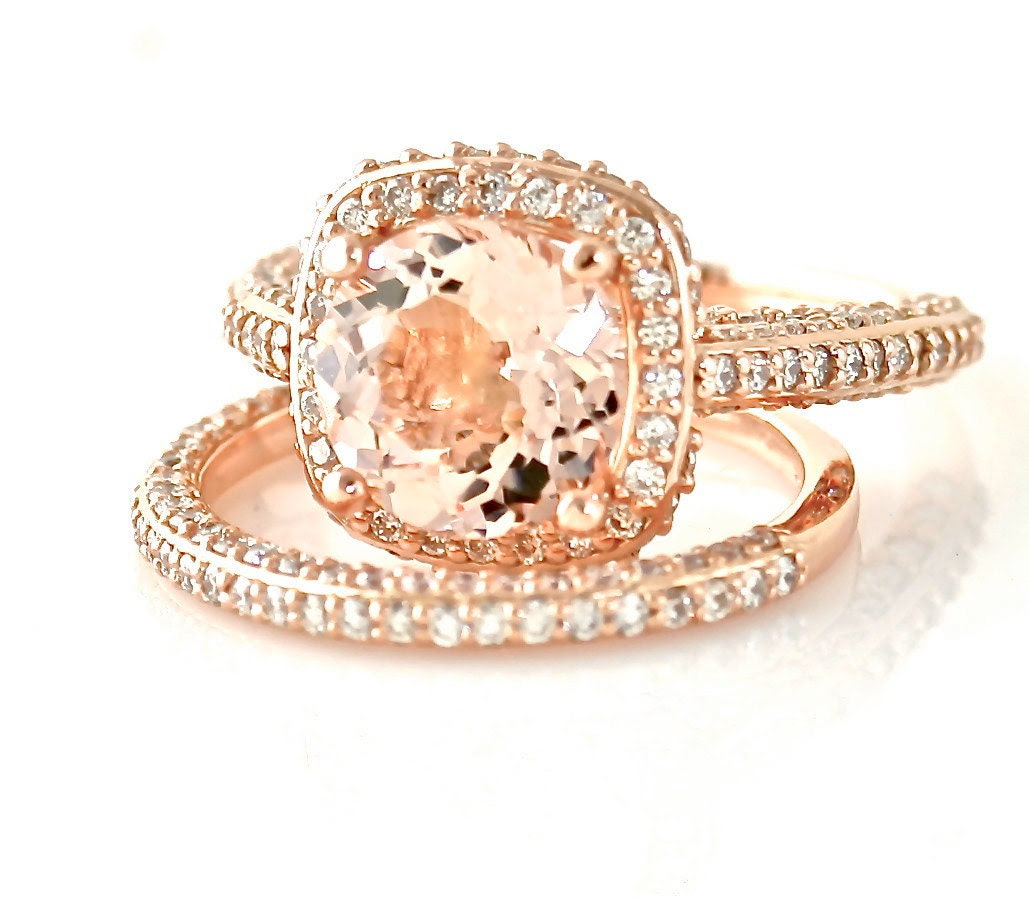14K Rose  Gold  Morganite Wedding  Set Diamond Halo by RareEarth