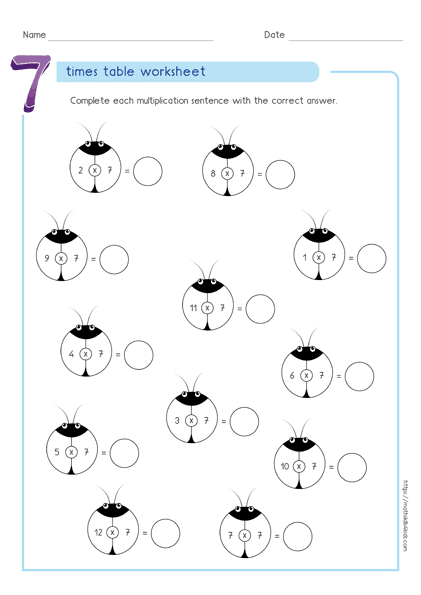 7 times table worksheets PDF | Multiplying by 7 activities
