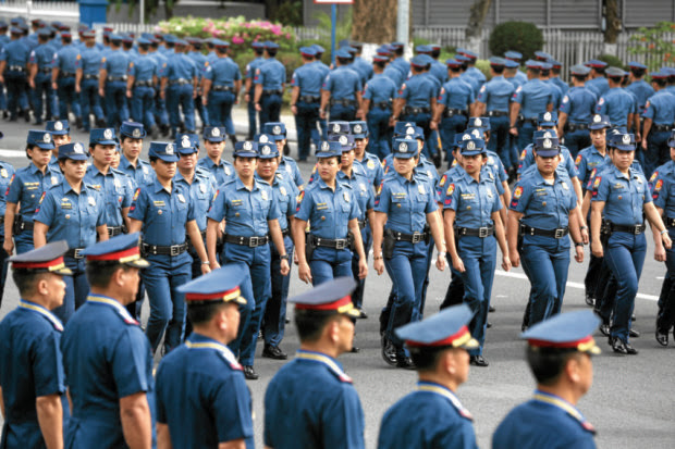 NP / MAY 16, 2016Policemen perform pass in review after their flag ceremony at Philippine National Police, Camp Crame Headquarters, Quezon City, May 16, 2016. Presumptive president-elect Rodrigo Duterte plans to increase the salaries of policemen to P75,000 to P100,000.INQUIRER PHOTO / NINO JESUS ORBETA Notes: 