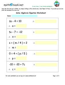 Solve Algebraic Equation Worksheet Worksheet for 7th - 9th ...