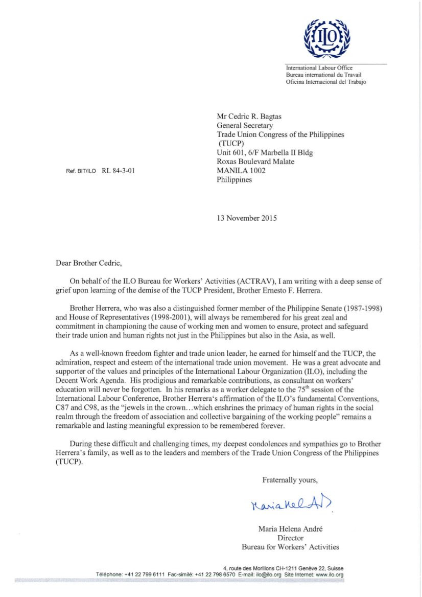 Condolence letter_TUCP President E.F. Herrera - National Trade Union Center of the Philippines