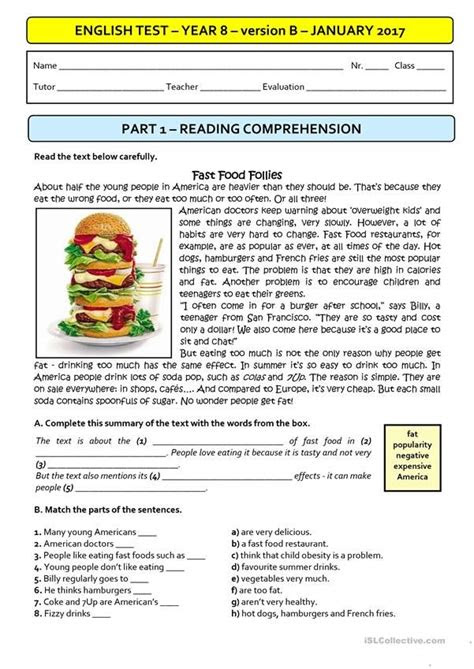  fast food a1 test version b students with special needs english