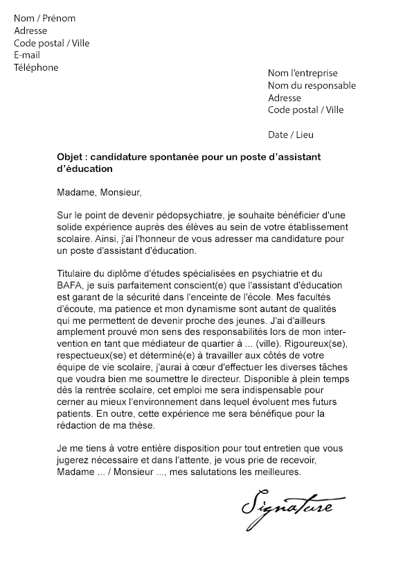 Lettre de motivation Assistant d'éducation - Modèle de Lettre