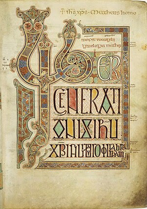 Folio 27r from the Lindisfarne Gospels contain...