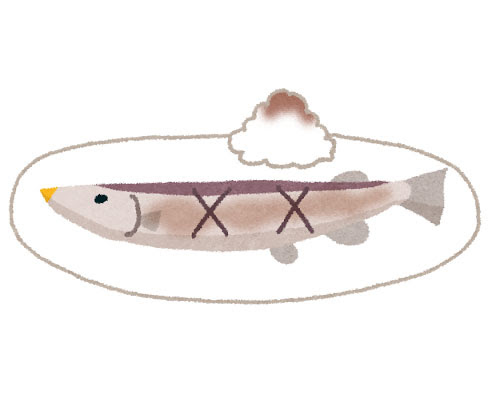 無料素材 こんがり焦げ目がついた美味しそうな焼き秋刀魚を描いたイラスト 食欲の秋のデザインに