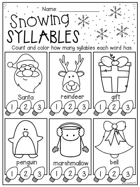  christmas syllables worksheet for kindergarten and first grade
