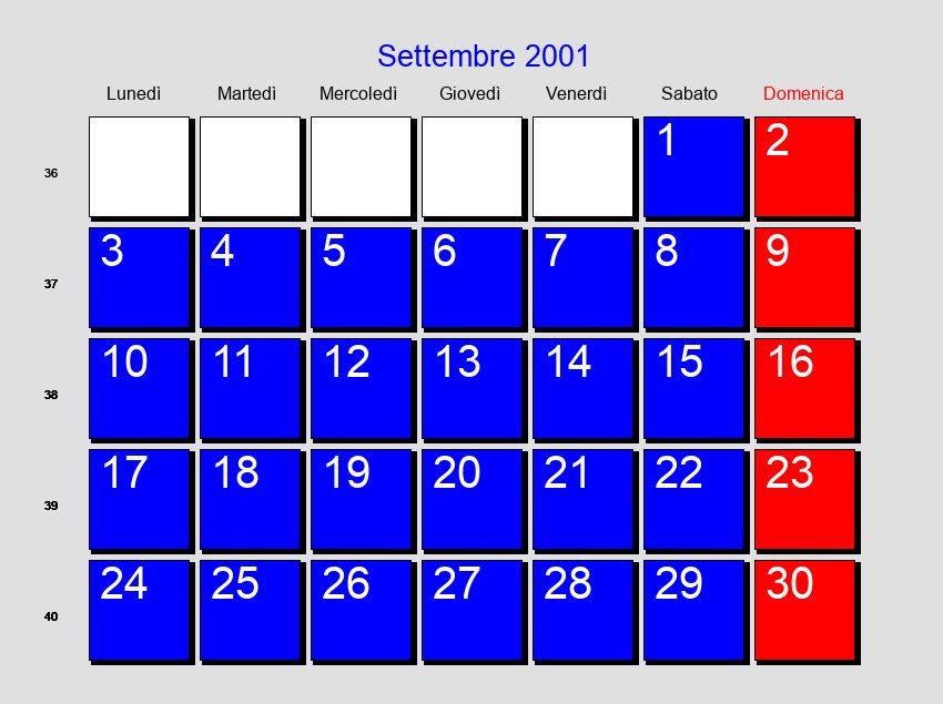 Calendario Settembre 2001 Con Festivita E Fasi Lunari