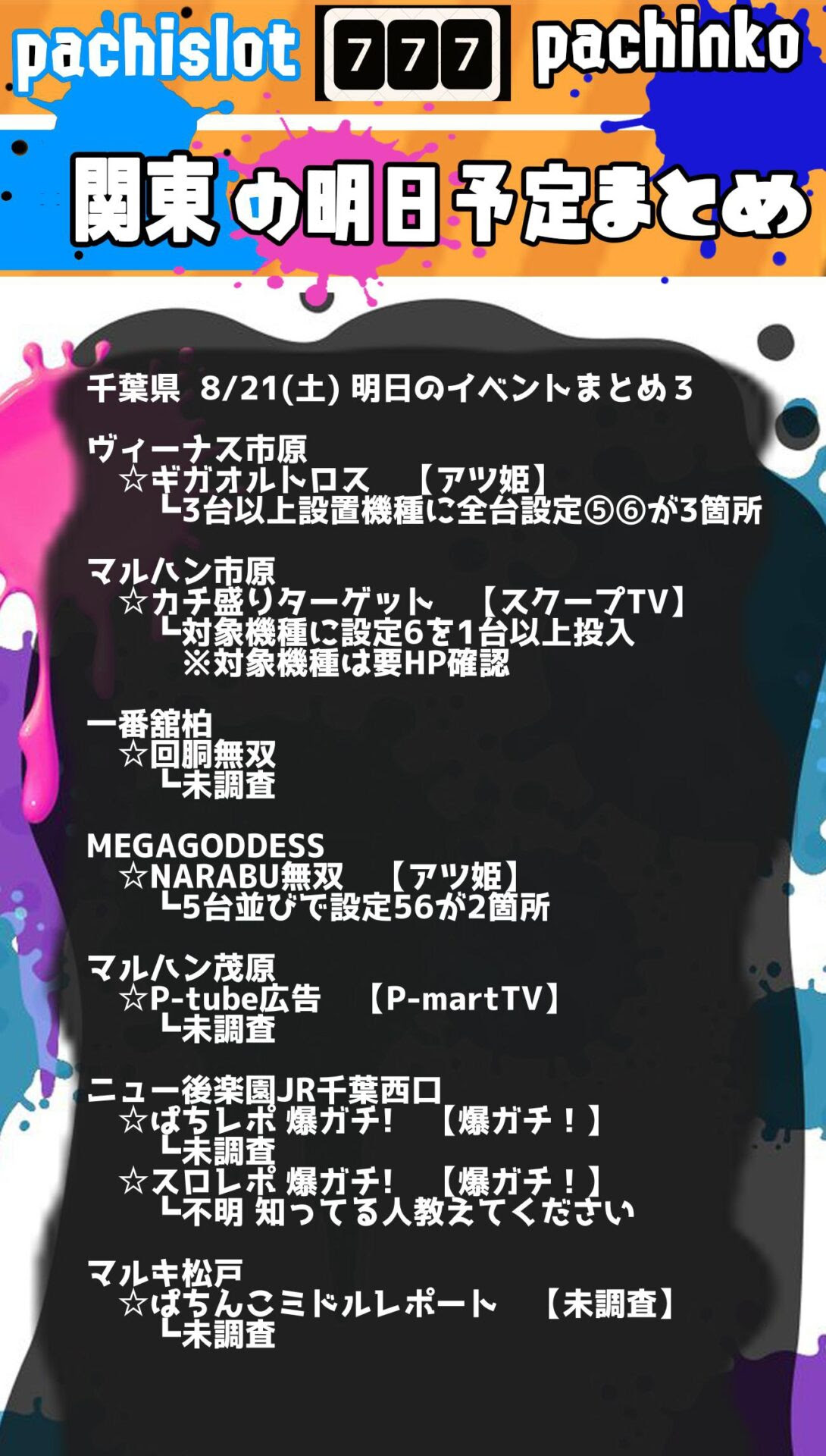 8 21 土 埼玉 神奈川 千葉 パチンコスロットイベント取材まとめ 関東 スロパイ プログラミング スロットデータ分析