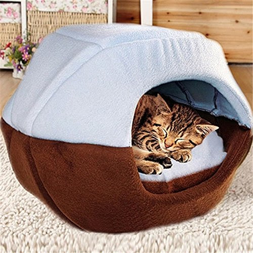 FFMODE Cozy Pet Dog Cat Cave Mongolian Yurt Shaped House Bed with Removable Cushion inside, 45X35X40cm, Blue&Coffee