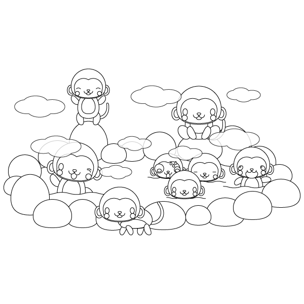 塗り絵に最適な白黒でかわいい猿の温泉の無料イラスト 商用フリー オイデ43