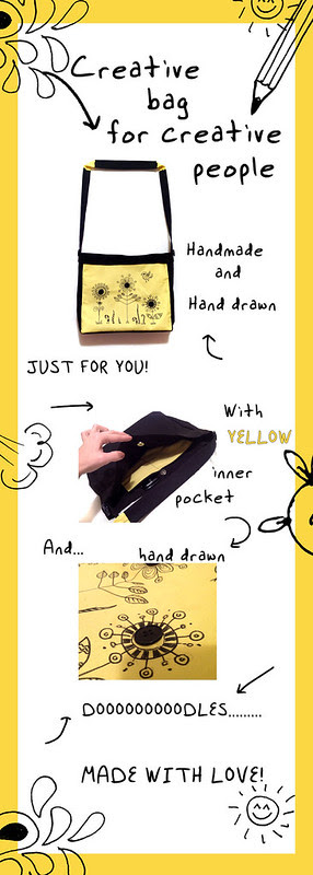 Creative shoulder bag bright yellow and black color with hand drawn doodles