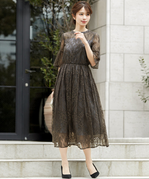 二次会 成人式 同窓会 謝恩会 お呼ばれ対応フォーマルパーティードレス ドレス Girl ガール のファッション ドレス 総レースミモレ丈フレア結婚式ワンピース