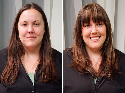 Jen's has a longer oval face shape and her before hairstyle without bangs 