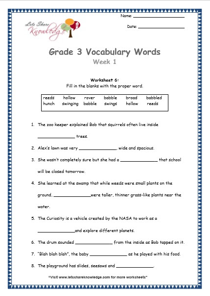 1 vocabulary worksheet grade Worksheets Lets 3: Share 1 Vocabulary Week Grade  Knowledge