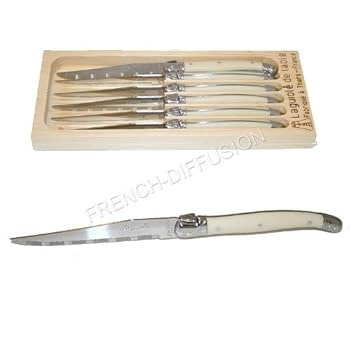 LAGUIOLE® - 6 couteaux STEAK - couleur IVOIRE - lame micro-dentelée (ensemble LAGUIOLE Jean DUBOST de table authentique & original - en acier 15/10 inoxydable - lame dentée - avec CERTIFICAT d'AUTHENTICITÉ - garantie lave-vaisselle - emballage & message cadeau disponible - fabriqué en FRANCE)