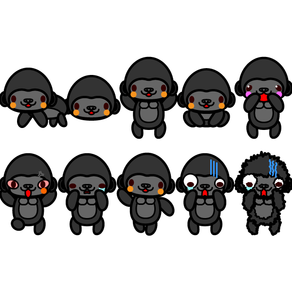 モノクロでかわいいバナナを食べるゴリラの無料イラスト 商用フリー オイデ43