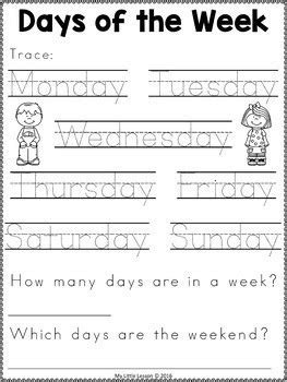  days of the week worksheets by my little lesson tpt