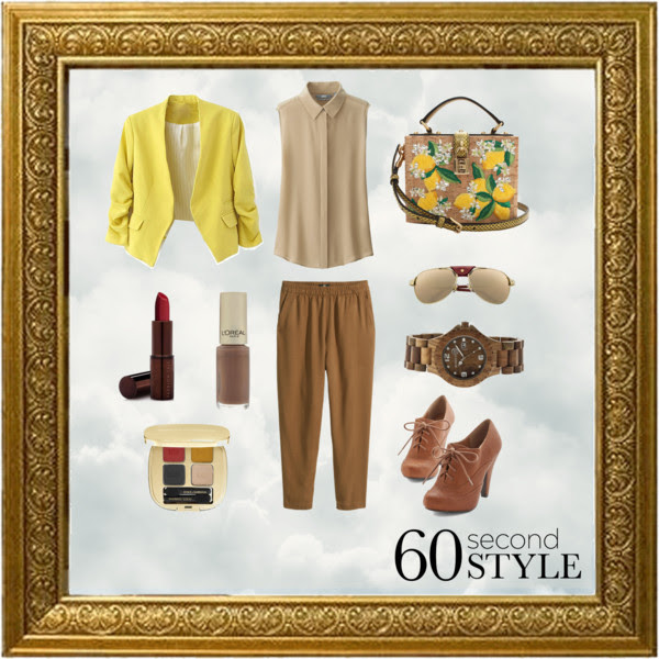 Aviators by missn0ir featuring wood jewelryUniqlo beige blouse€35 - uniqlo.comYellow blazer€26 - amazon.comH&amp;M cut loose pants€21 - hm.comPerforated oxford€43 - modcloth.comDolce Gabbana shoulder bag€3.305 - marissacollections.comEarth wood jewelry€155 - jomashop.comAviator glasses€1.190 - cartier.usDolce Gabbana eyeshadow€68 - sephora.comFashion fair lipstick€17 - macys.comL Oréal Paris l oreal paris nail polish€6,61 - thehut.com