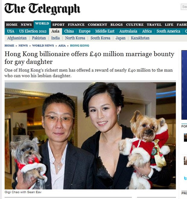 Bilionário de Hong Kong está oferecendo cerca de US$ 65 milhões para o homem que se casar com sua filha lésbica. (Foto: Reprodução/Daily Telegraph)
