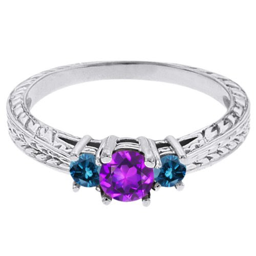 0.60 Ct Round Purple Amethyst Blue Diamond 18K White Gold 3-Stone Ring