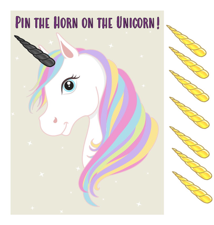 pin the horn on the unicorn game queen of theme party games