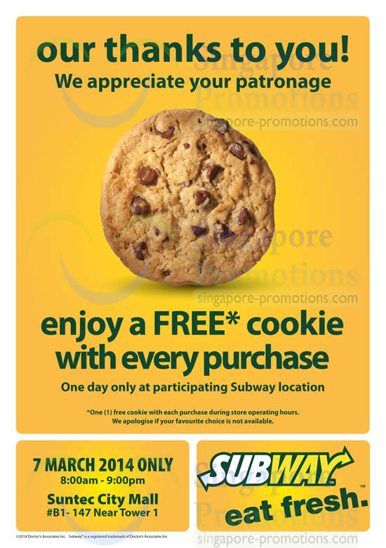 Subway FREE Cookie With Every Purchase @ Suntec City Mall 7 Mar 2014