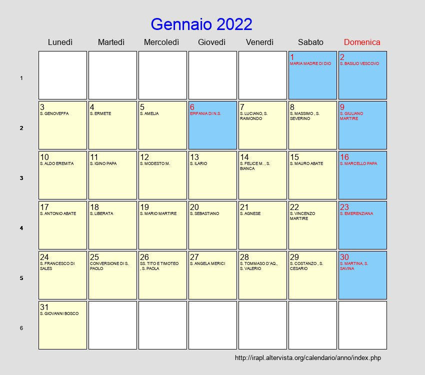 Calendario Gennaio 2022 Luna
