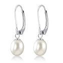 Genuine Freshwater White 7-8mm Pearl Dangles From Sterling Silver Leverback Earrings