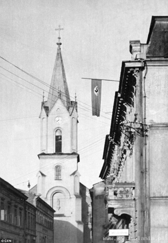 Standing the test of time: The church survived the war, but the Nazi flag and the building it hung from have gone