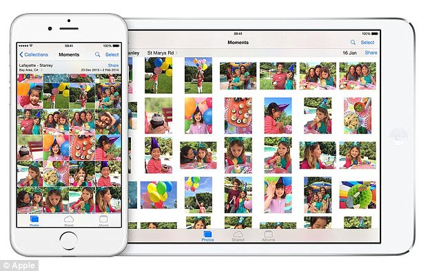The search function on Apple's Photos app (pictured) has been improved to make it easier to find photos, based on location, dates or album name. Users can fine-tune edits, and the latest smart composition tools automatically straighten horizons, and crop images