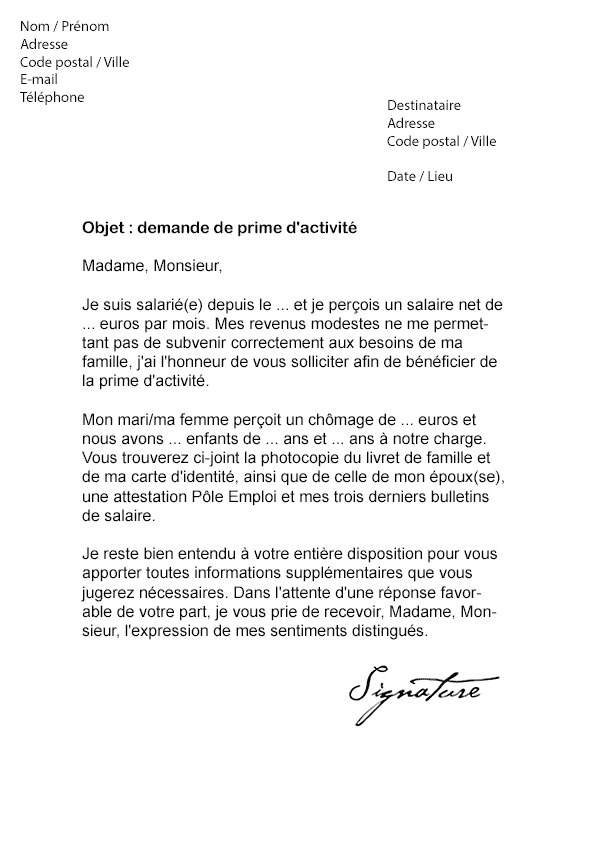 Lettre de demande de Prime d'activité - Modèle de Lettre