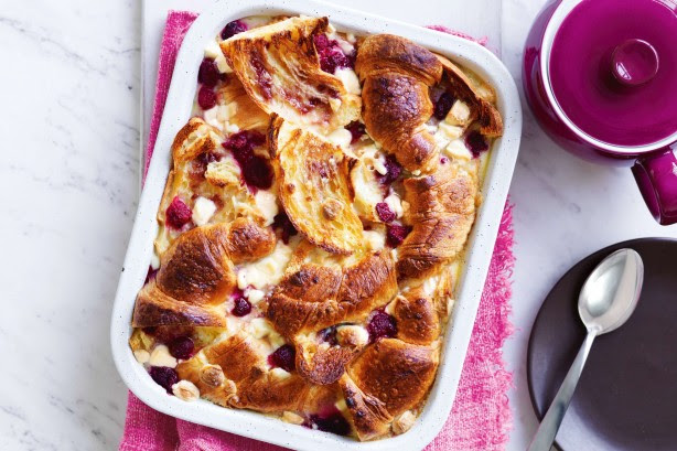 White choc and raspberry croissant pudding