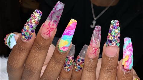 acrylic nails tutorial rainbow bling nails summer