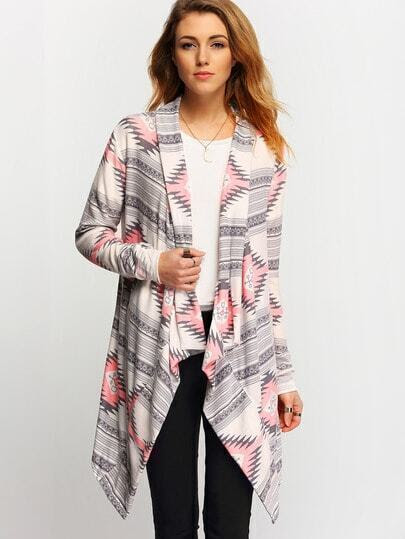 Grey Pink Long Sleeve Geometric Print Coat pictures