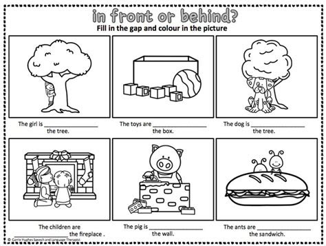 This activity strengthens students' confidence in geometry by practicing . prepositions in front and behind worksheets and key word