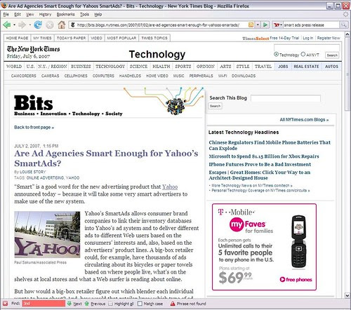 NY Times Bits - Smart Ads Too Smart?