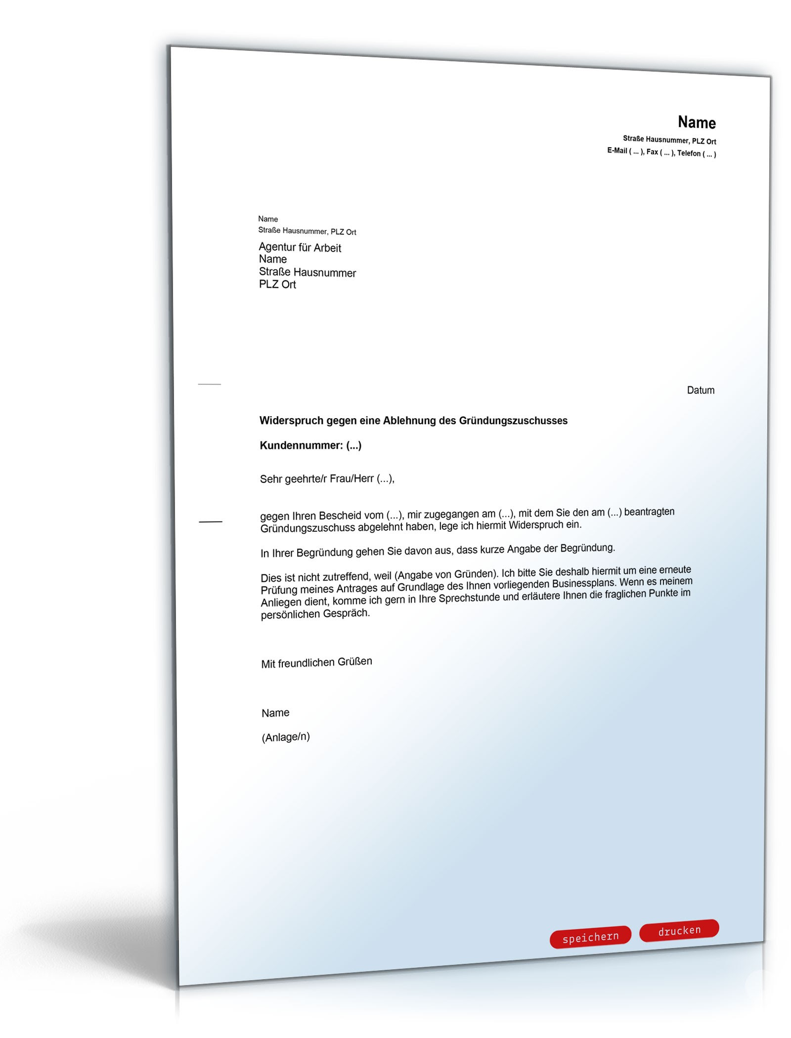 Widerspruch Ablehnung Gründungszuschuss | Muster zum Download