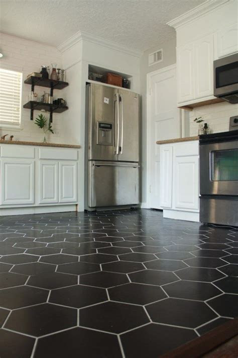 Wax can build up on vinyl flooring over time, which may cause some discoloration. Black Hexagon Tile, Kitchen Floor DIY, DIY fridge surround