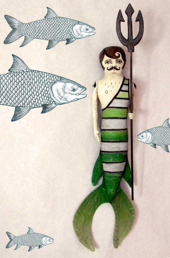 Merman -- Contemporary Folk Art Mermaid Doll-- Made to order within a week