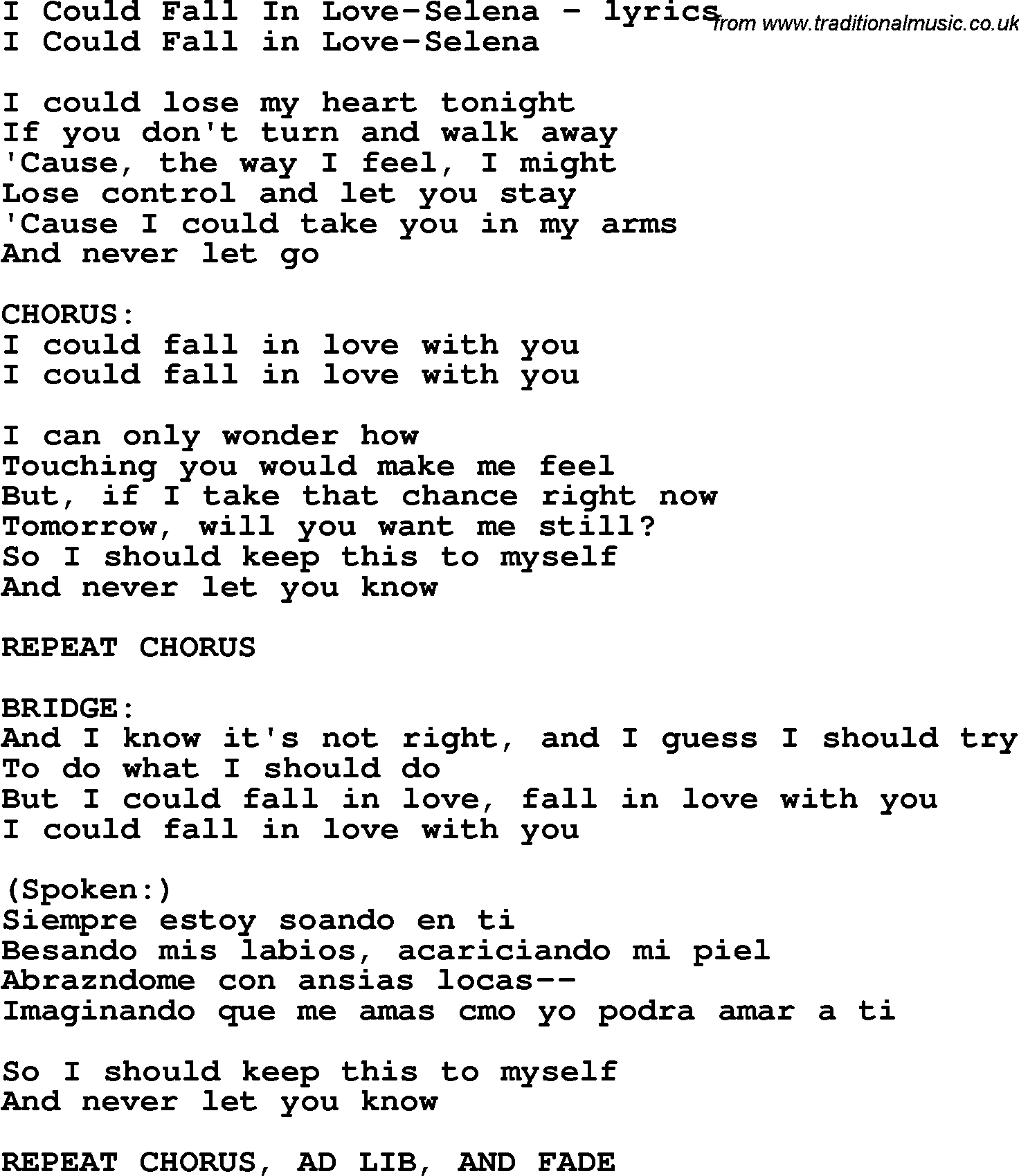 Love Song Lyrics For I Could Fall In Love Selena