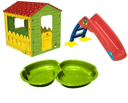 Kreher Ensemble de jeux d'extérieur pour enfant avec 1 maison, 1 toboggan et 1 bac à sable/pataugeoire Vert