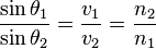 \frac{\sin\theta_1}{\sin\theta_2} = \frac{v_1}{v_2} = \frac{n_2}{n_1}