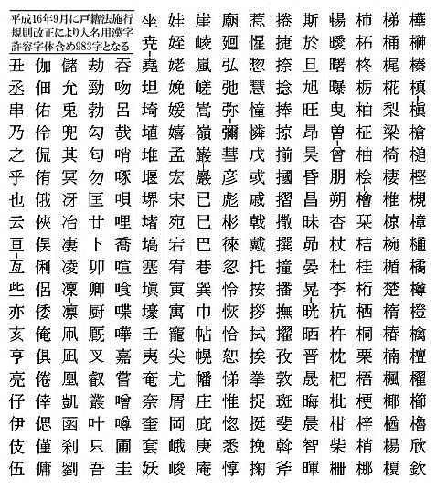 人名用漢字 常用漢字表に掲げる漢字 カタカナまたはひらがなに加え 子供の名前に用いることのできる漢字 従来の 人名用漢字 ２８５字 ９８３字 丑丞乃之也亘亥亦亨亮伊伍伎伶伽佑侃侑倖倭偲允冴冶凌凜凪凱勁匡卯叡只叶吾呂哉唄啄喬嘉圭尭