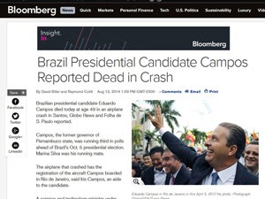 Reportagem fala sobre a morte de Eduardo Campos, no site da Bloomberg (Foto: Reprodução/Bloomberg)